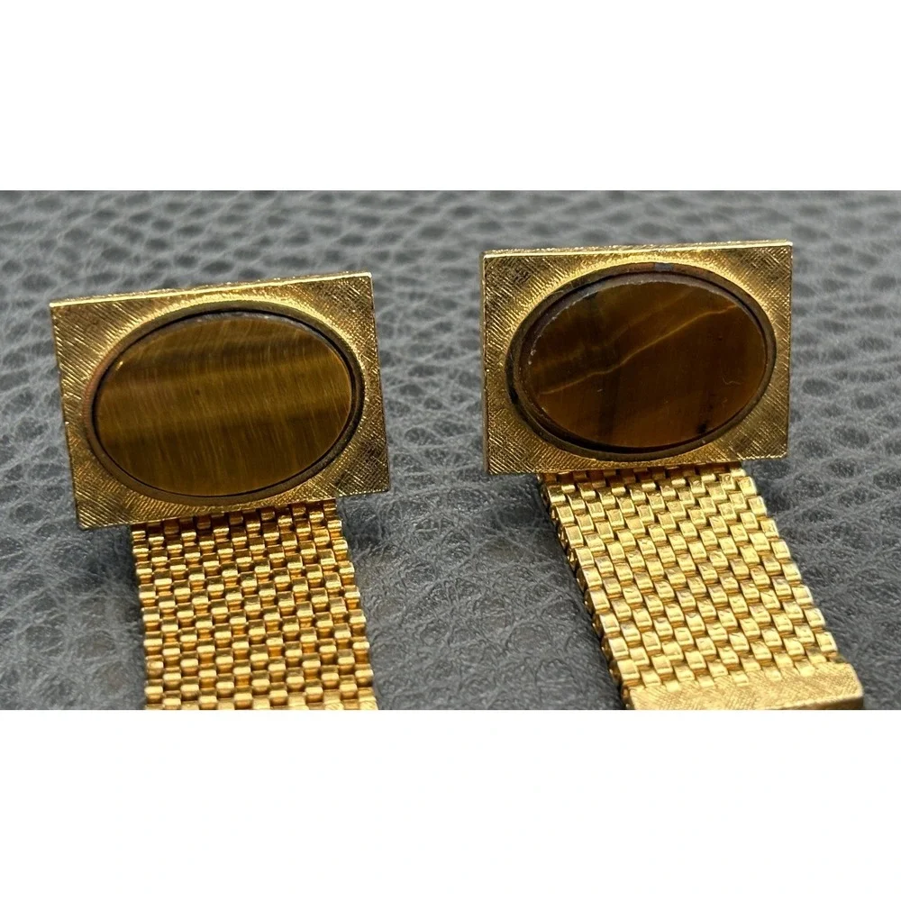 Vintage Tiger Eye Gold Tone Mesh Wrap Around Cufflinks